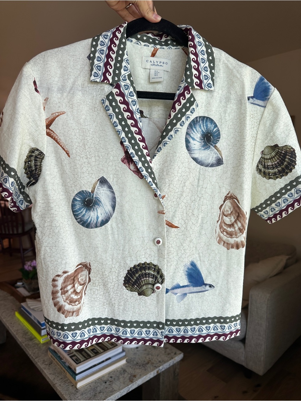 Calypso St. Barth Seashell & Nautilus Print Shirt - Cream, Blue & Brown S